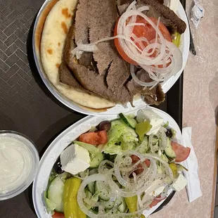 Greek Salad and gyro platter. The best I&apos;ve tasted!