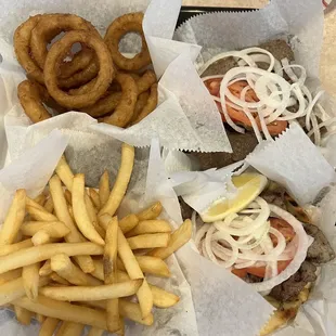 Two Gyro Originals fries and onion rings!