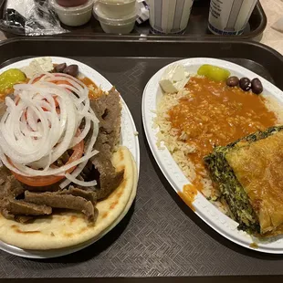 Gyro platter and spinach pie both with rice and gravy
