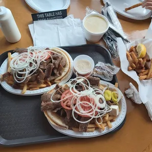Gyro platter, breaded eggplants and lemon soup with rice.