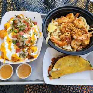 totchos ($8.50), quesa impossible ($4.75), Hawaiian garlic shrimp with garlic noodles ($18.50)