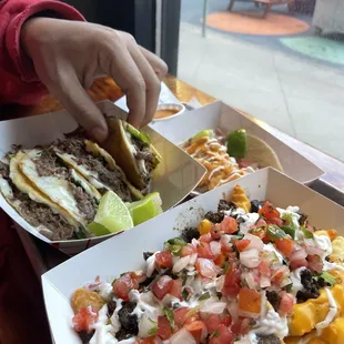 QuesaBirria ,Nacho Fries, Baja Fish Tacos