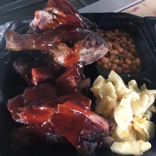 Barbecue chicken and ribs macaroni and cheese and vegetarian baked beans Bell peppers onions and brown sugar
