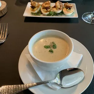 She crab soup and Angel eggs