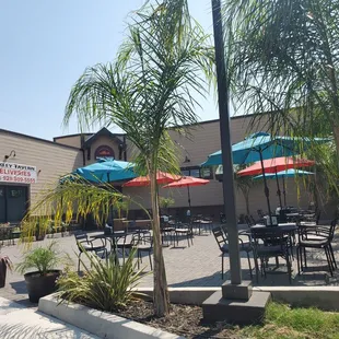 Properly socially distanced and clean tables outside the restaurant. Lots of shade!