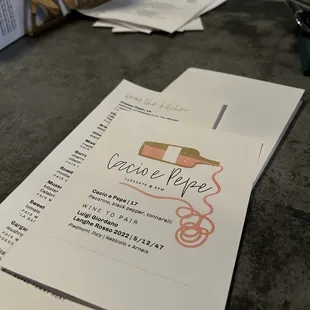 Cacio e pepe night menu with wine pairing recommendation