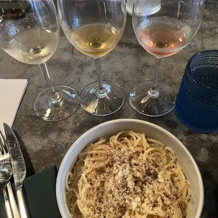 Create your own flight with Cava, Orange and Rose wine with cacio de pepe special