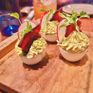 Smoked salmon BLT deviled eggs