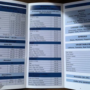 Back of updated menu for 2022