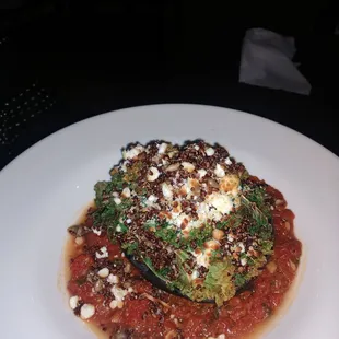 Kale and quinoa stuffed acorn squash.