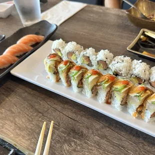 Salmon nigiri  (left) Spicy Day (bottom) Alaskan (top)