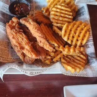 Chicken Fingers And Waffle Fries.  Very Good!