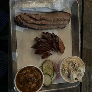 Meal of brisket and sausage
