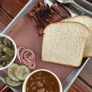 Brisket, beans, green beans.