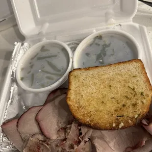 Sliced pork with green beans and collards