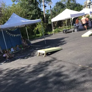  people sitting under tents