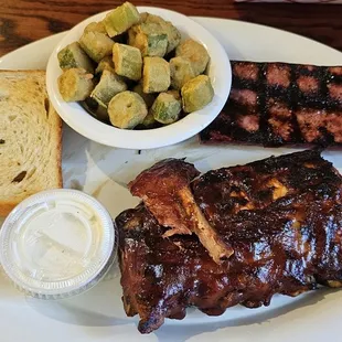 Ribs, sausages, Texas toast garlic bread, and fried ocra