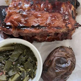 Collard greens, full rack, sweet potato!