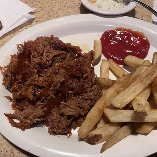 Pulled pork open faced barbecue sandwich with hot crispy fries!