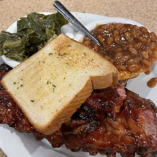 Full Rack of Ribs w/ garlic Texas toast, Baked Beans and Collard Greens