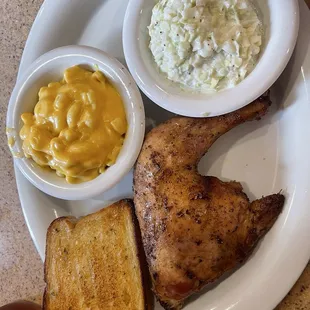 Chicken, slaw, mac and cheese, toast