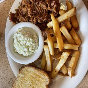 Pulled pork, fries, coleslaw, toast