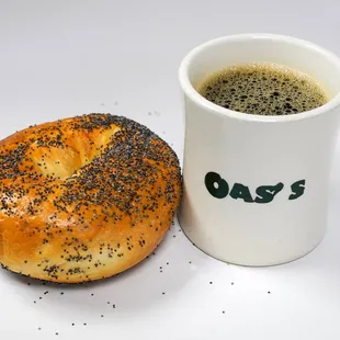 a cup of coffee and a bagel