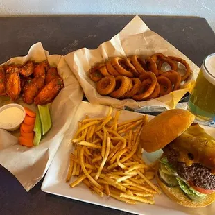 a burger, fries, and beer