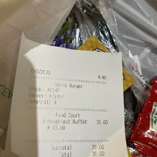 the receipt for the meal
