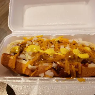 Chili cheese dog ($5.00)