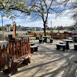 tables and benches in a park