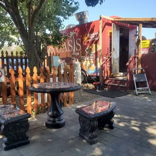 The food truck and patio eating area