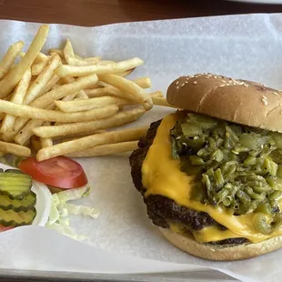 Bacon green chile cheese burger. 1/4 pound patties and missing my bacon!