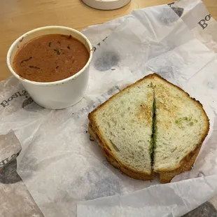 Tomato basil soup and pesto grilled cheese