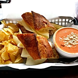 Soup, roast beef and provolone sandwich and chips ($10.25)