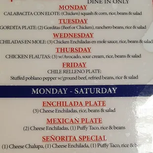 Lunch special menu