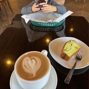 Mocha latte, pistachio bread and chocolate muffin