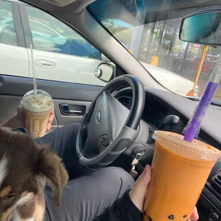 Thai tea boba and Carmel frappe chino