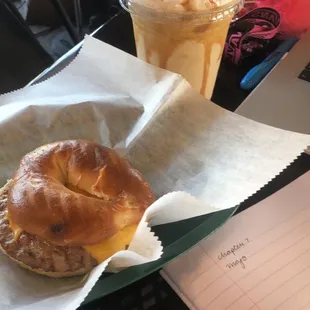 Breakfast sandwich and caramel frappe!