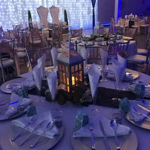 Table decoration, throne chairs, ceiling drop, backdrop