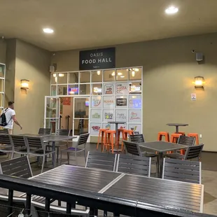 Outdoor seating and food options.