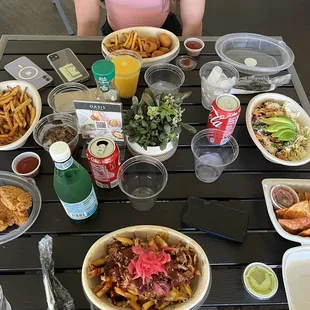 Pulled Bork fries, kids corn dogs, kids chicken tenders, grilled shrimp bowl