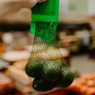 a person holding a bag of avocados