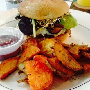 Local Beef Portabella Burger with sweet potato home fries. Veggie option available! Monday's special.