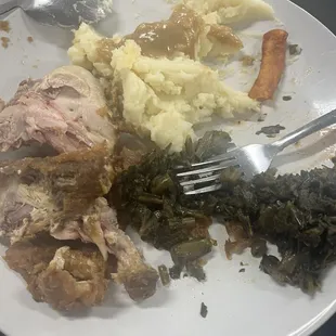 Fried chicken, collards, mashed potato, after I've even most.