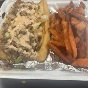 Philly cheese and sweet potato fries.