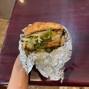 Oasis burger! I asked for grilled onions and jalapeños and they did it ! It's not even offered normally!