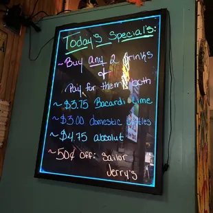 a menu on the wall