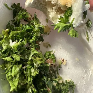 Tabbouli was not chopped fine, dry w/no flavor but crunchy. I added garlic &amp; lime juice in for some taste so this picture was taken after.