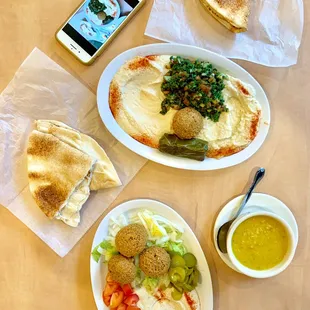 Top  Bottom: Tabbouli, baba ghanous, grape leaf -- falafel and hummus plate and crushed lentil soup